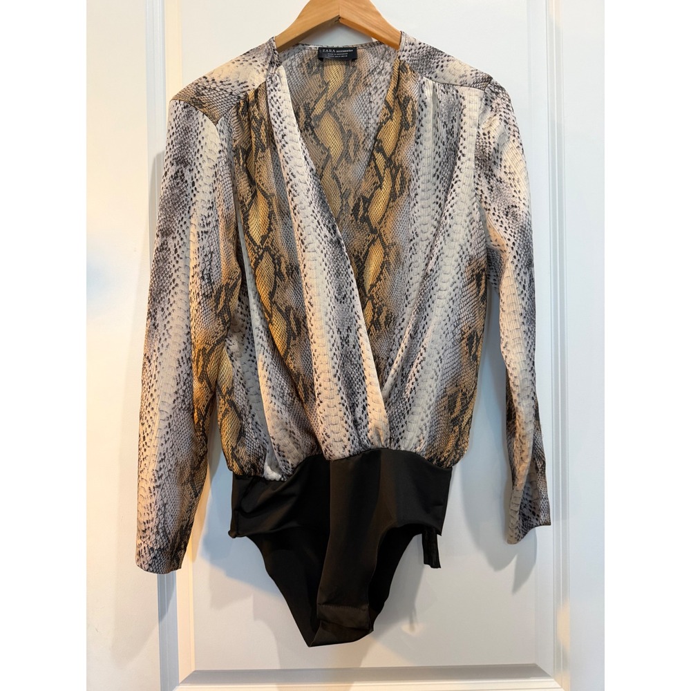 Zara Snakeskin Print Wrap Bodysuit Long Sleeve V-Neck Neutral Tan Grey Medium
